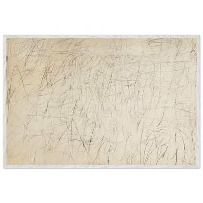 The Geeks by Cy Twombly framed art print; featuring an ivory and warm beige background covered with delicate pencil-like scribbles, intersecting lines; size 28 × 43 cm (11 × 17 in); black frame.