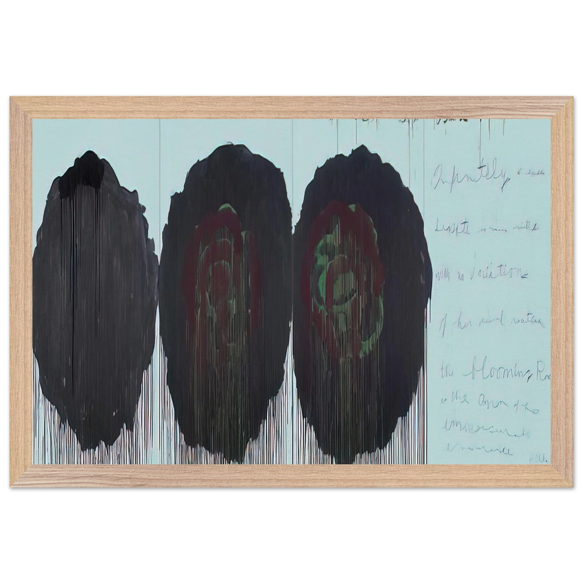 The Rose (V) by Cy Twombly framed art print; featuring three monumental rose forms in deep black, charcoal, burgundy, and dark crimson; size 50 × 70 cm (20 × 28 in); wood frame.