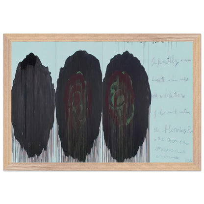 The Rose (V) by Cy Twombly framed art print; featuring three monumental rose forms in deep black, charcoal, burgundy, and dark crimson; size 50 × 70 cm (20 × 28 in); wood frame.