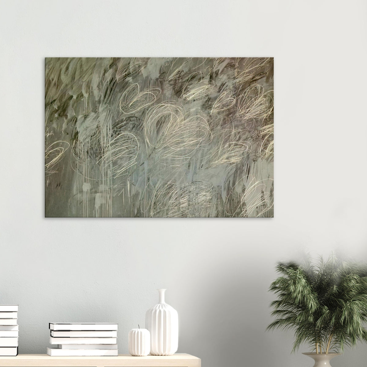 III Notes from Salalah (Note II) by Cy Twombly canvas print: a layered gray-green background covered with sweeping ivory loops, delicate pale lines….