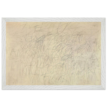 Academy by Cy Twombly framed art print; featuring an intricate network of delicate gray and black scribbles, overlapping lines, spontaneous gestures; size 28 × 43 cm (11 × 17 in); white frame.