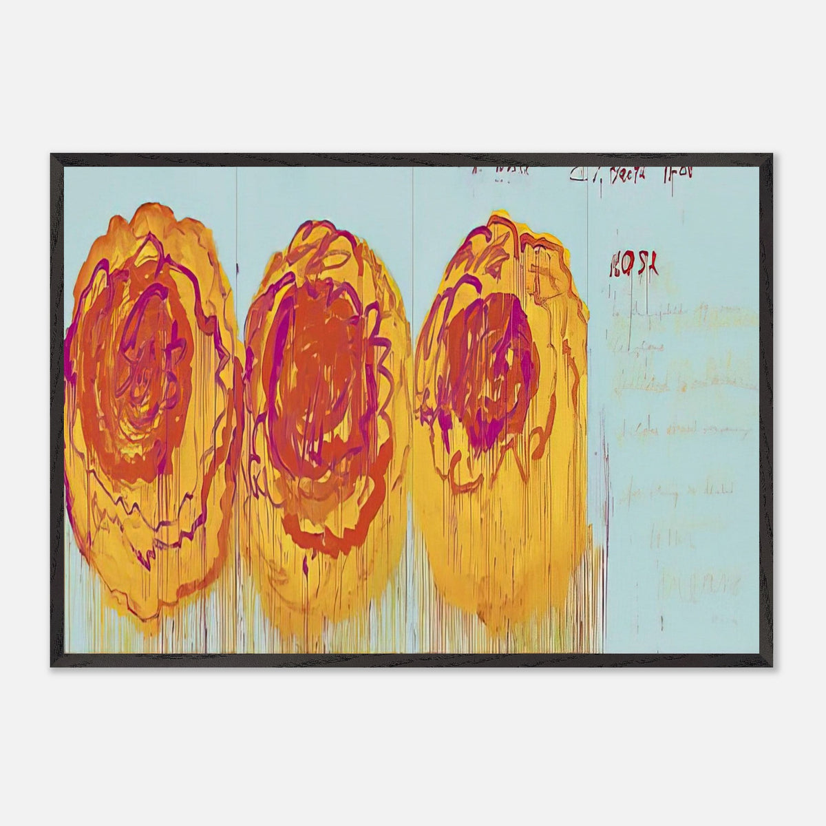 The Rose (I) by Cy Twombly framed art print; featuring three large, abstract rose forms painted in radiant golden yellow, fiery orange, deep red.