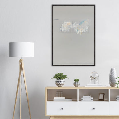 Nine Discourses on Commodus, Part I by Cy Twombly, framed art print; a muted gray background, a delicate grid of intersecting lines, and subtle accents of white, pale blue, yellow