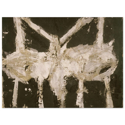 Min-Oe by Cy Twombly poster, 40 × 60 cm / 16 × 24 in: This striking composition features expressive ivory-white forms against a deep, dark background….