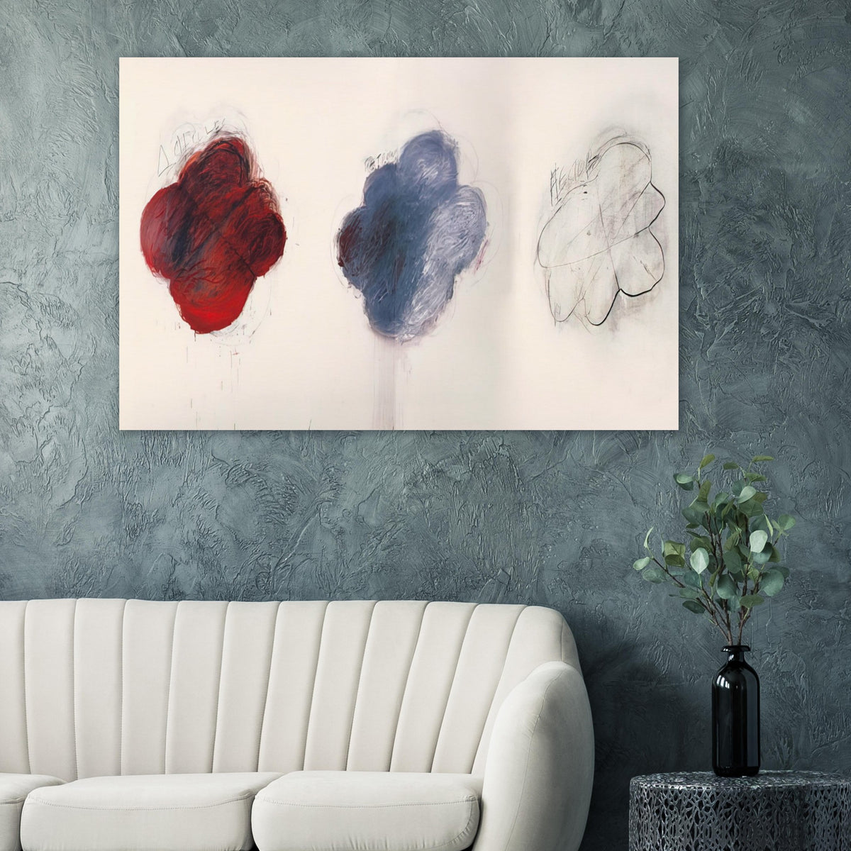 Fifty Days at Iliam: Shades of Achilles, Patroclus, and Hector by Cy Twombly poster: three cloud-like forms arranged across a pale background: a rich red shape on the left….