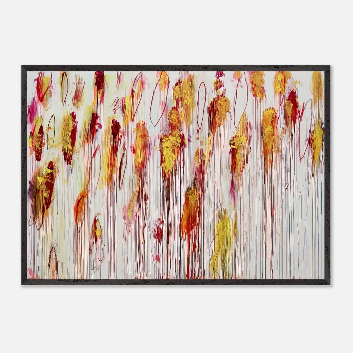 Lepanto, Part VIII by Cy Twombly framed art print; featuring vivid golden-yellow and orange brushstrokes, deep crimson and burgundy accents, delicate pink marks.