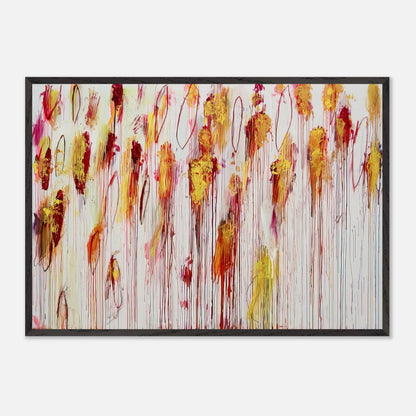Lepanto, Part VIII by Cy Twombly framed art print; featuring vivid golden-yellow and orange brushstrokes, deep crimson and burgundy accents, delicate pink marks.