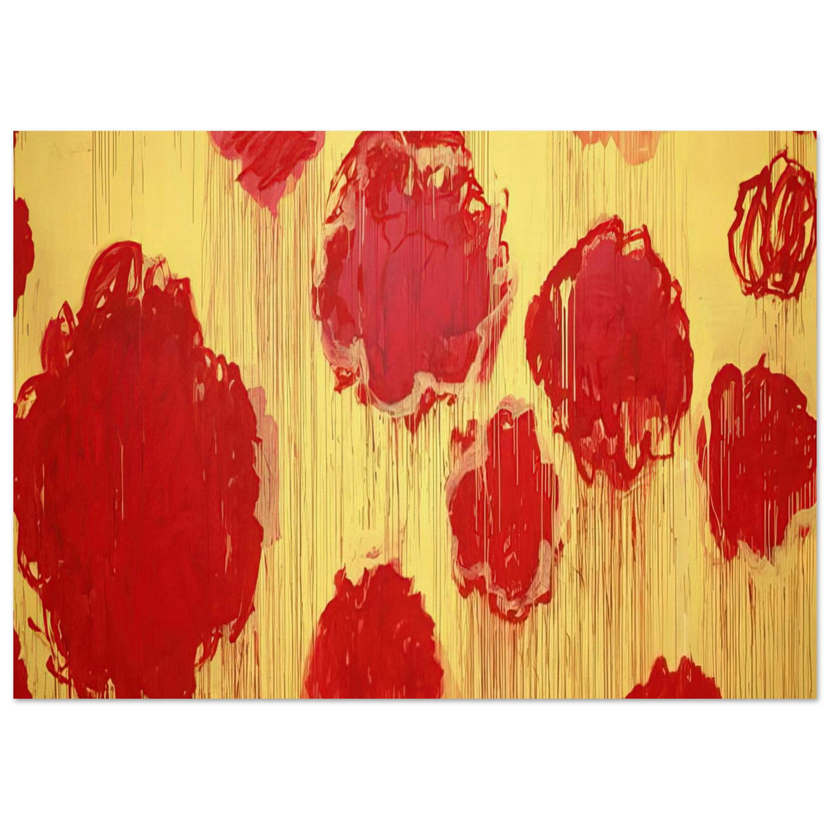 Untitled (Peonias series) by Cy Twombly poster, 40 × 60 cm / 16 × 24 in: This expressive composition features bold red and crimson forms against a luminous golden-yellow….