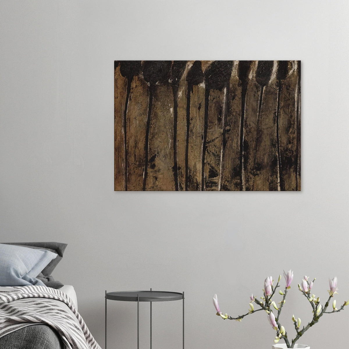 Solon I by Cy Twombly canvas print: This striking composition features elongated black and dark brown forms set against a textured background….