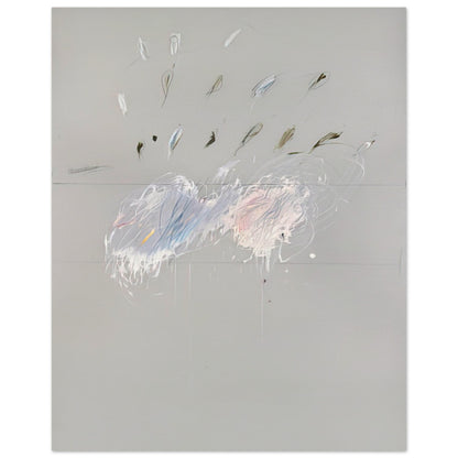 Nine Discourses on Commodus, Part VI by Cy Twombly, poster, muted gray background, delicate white brushstrokes, 27x35 cm (11x14 in)