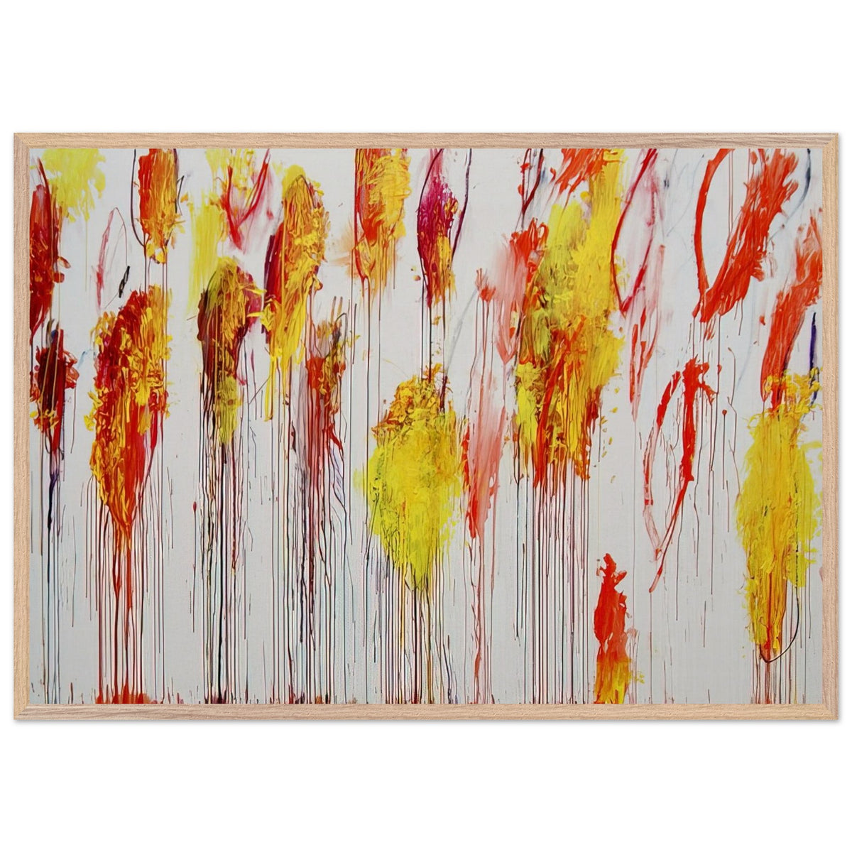 Lepanto, Part XII by Cy Twombly framed art print; featuring vibrant golden-yellow and orange brushstrokes, fiery red and crimson accents; size 50 × 70 cm (20 × 28 in); black frame.