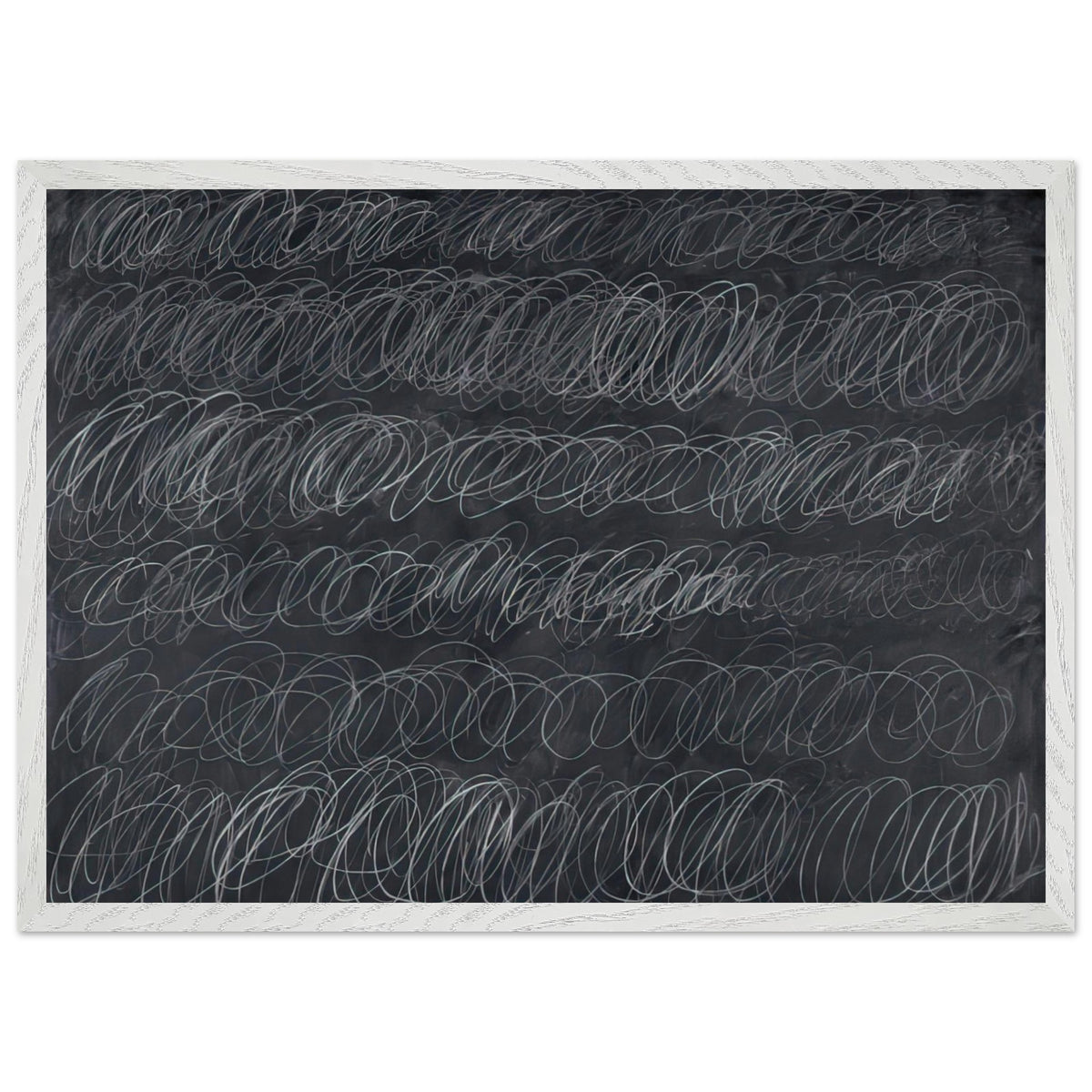 Cold Stream by Cy Twombly framed art print; featuring dense, repeating white and gray scribbled lines arranged in horizontal rows across a deep charcoal-gray; size 30 × 45 cm (12 × 18 in); white frame.