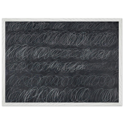 Cold Stream by Cy Twombly framed art print; featuring dense, repeating white and gray scribbled lines arranged in horizontal rows across a deep charcoal-gray; size 30 × 45 cm (12 × 18 in); white frame.