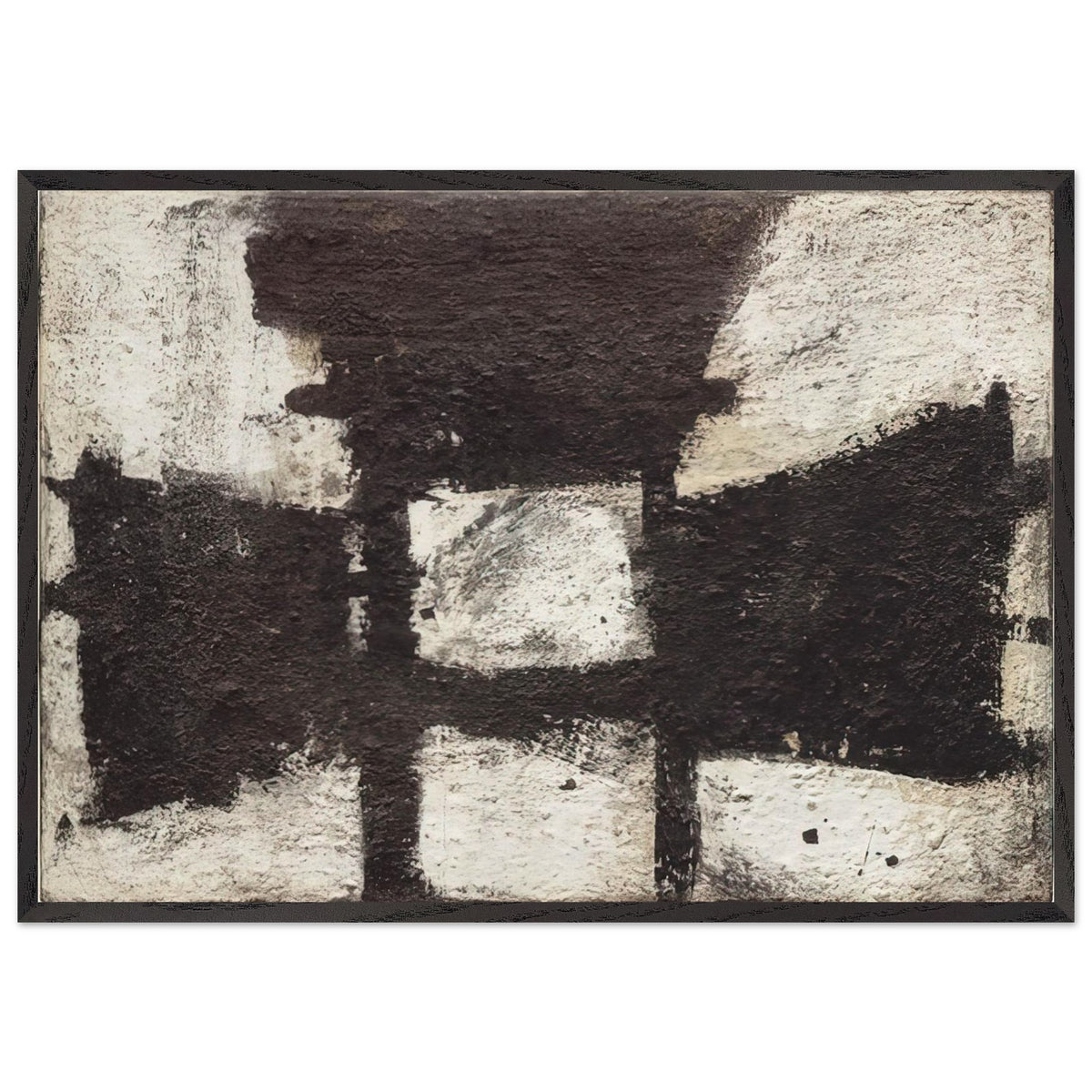 Zyig by Cy Twombly framed art print; featuring bold black and dark brown geometric forms against a textured ivory background; size 800 × 1200 mm (32 × 48 in); white frame.
