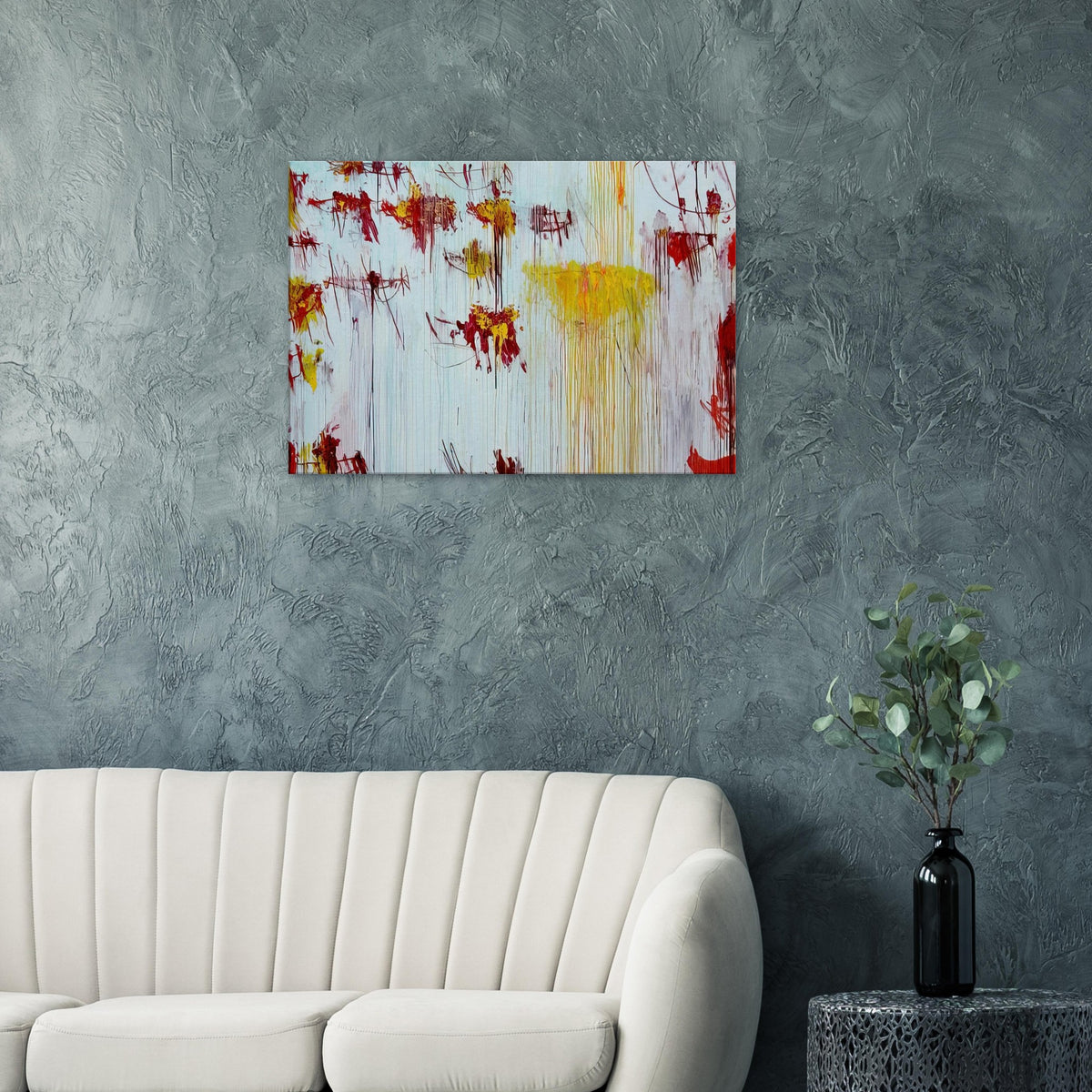 Lepanto, Part X by Cy Twombly canvas print: This striking composition features a pale blue background layered with vivid yellow, golden ochre, orange….