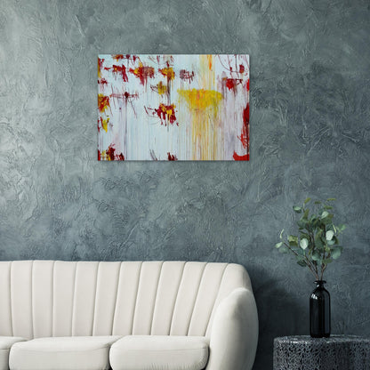 Lepanto, Part X by Cy Twombly canvas print: This striking composition features a pale blue background layered with vivid yellow, golden ochre, orange….