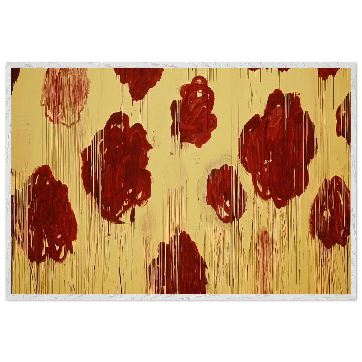 Untitled (Blooming, A Scattering of Blossoms & Other Things) by Cy Twombly framed art print; featuring vivid crimson-red and deep burgundy blossoms scattered across a luminous golden-yellow background; size A1 (59.4 × 84.1 cm); wood frame.