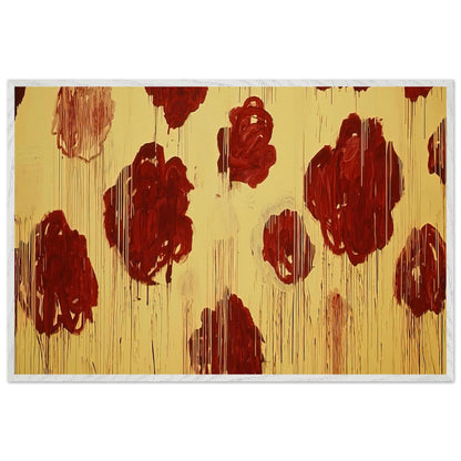 Untitled (Blooming, A Scattering of Blossoms & Other Things) by Cy Twombly framed art print; featuring vivid crimson-red and deep burgundy blossoms scattered across a luminous golden-yellow background; size A1 (59.4 × 84.1 cm); wood frame.