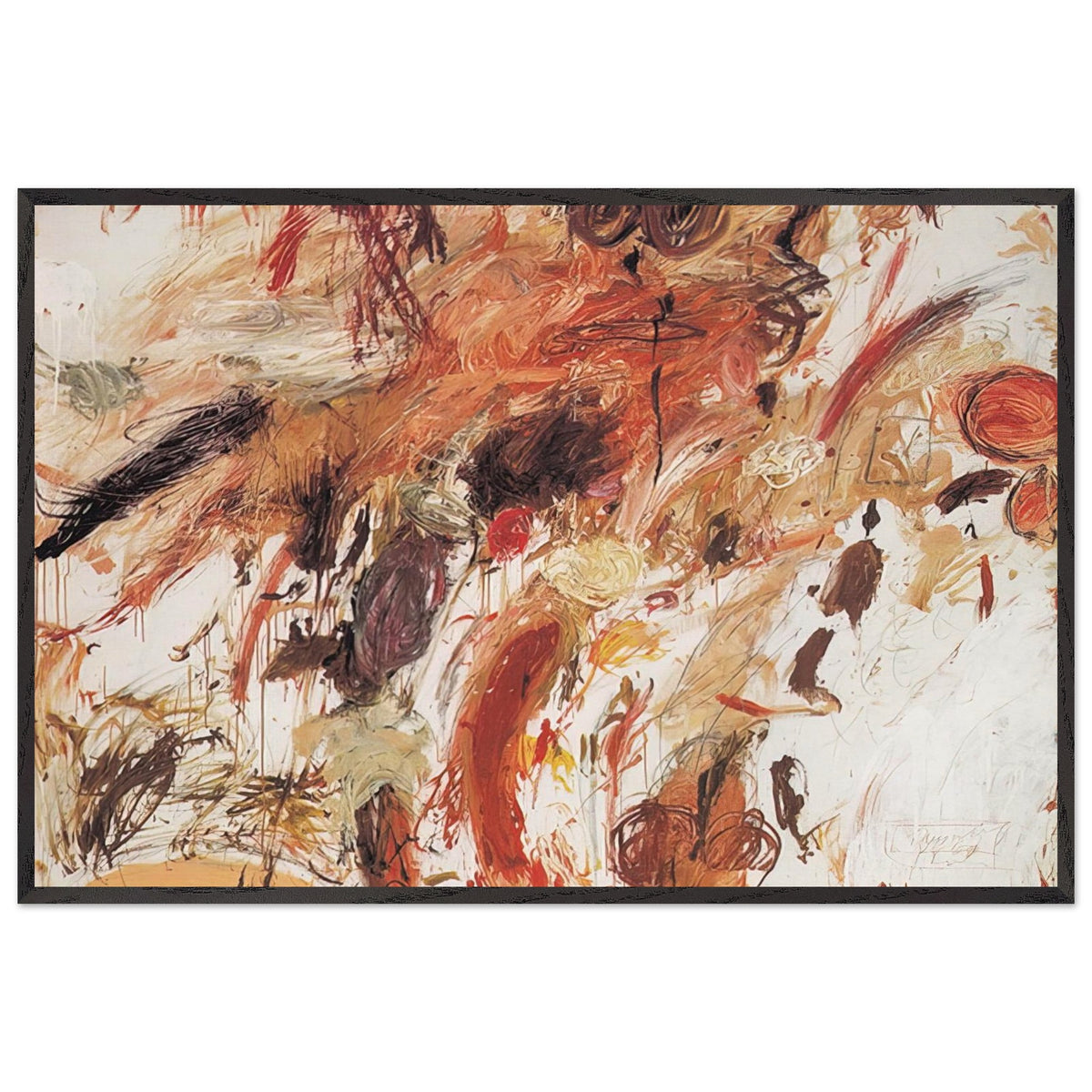 Ferragosto V by Cy Twombly framed art print; featuring energetic brushstrokes, layered pigments, and spontaneous gestures in shades of rust red, burnt orange; size 30 × 45 cm (12 × 18 in); black frame.