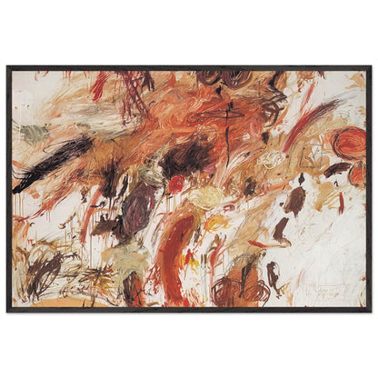 Ferragosto V by Cy Twombly framed art print; featuring energetic brushstrokes, layered pigments, and spontaneous gestures in shades of rust red, burnt orange; size 30 × 45 cm (12 × 18 in); black frame.