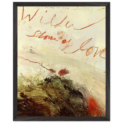Wilder Shores of Love by Cy Twombly, framed art print, sweeping red and orange handwritten marks, subtle pencil lines, 50x70 cm (20x28 in), wood frame
