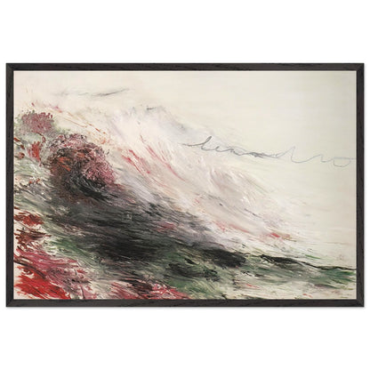 Hero and Leandro (A Painting in Four Parts) Part I by Cy Twombly framed art print; featuring sweeping white and pale gray brushstrokes, layered charcoal and black marks, subtle green tones; size A1 (59.4 × 84.1 cm); wood frame.