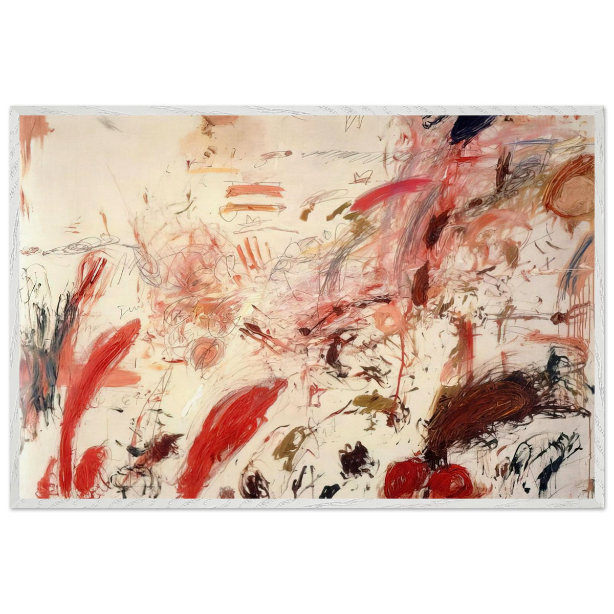 Ferragosto IV by Cy Twombly framed art print; featuring energetic red and pink brushstrokes, sweeping lines, layered marks, and contrasting accents of orange, brown; size 28 × 43 cm (11 × 17 in); white frame.