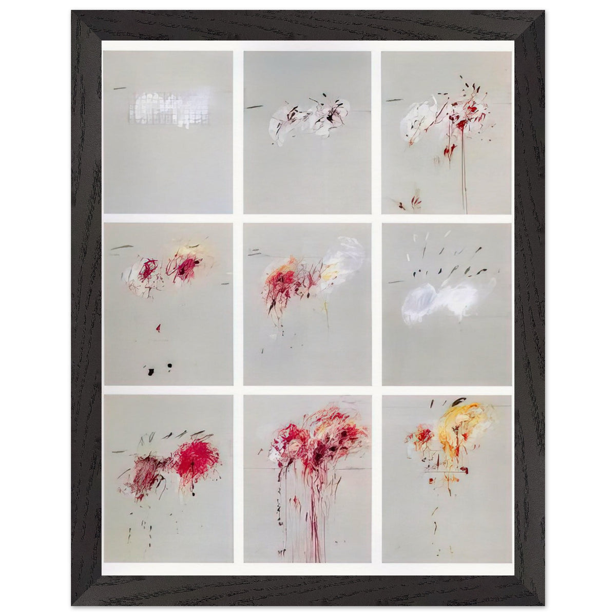 Nine Discourses on Commodus by Cy Twombly, framed art print, nine individual panels distinguished by muted gray backgrounds, 27x35 cm (11x14 in), black frame