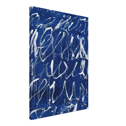 Untitled by Cy Twombly, canvas print, energetic white brushstrokes across a deep blue background, with, 60x75 cm (24x30 in)