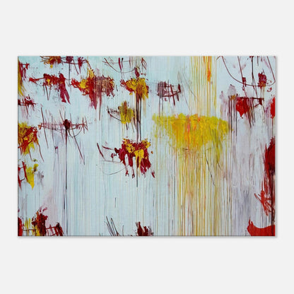 Lepanto, Part X by Cy Twombly canvas print: This striking composition features a pale blue background layered with vivid yellow, golden ochre, orange….