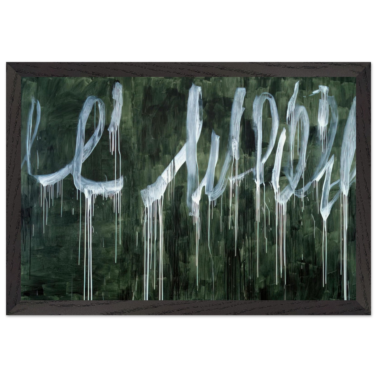 III Notes from Salalah (Note I) by Cy Twombly framed art print; featuring expressive white looping strokes and elongated paint drips against a rich, dark green background; size 28 × 43 cm (11 × 17 in); wood frame.