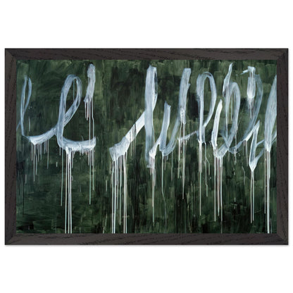 III Notes from Salalah (Note I) by Cy Twombly framed art print; featuring expressive white looping strokes and elongated paint drips against a rich, dark green background; size 28 × 43 cm (11 × 17 in); wood frame.