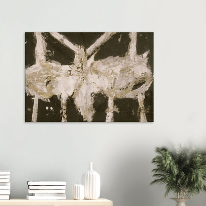Min-Oe by Cy Twombly canvas print: This striking composition features thick ivory-white brushstrokes against a deep black background….