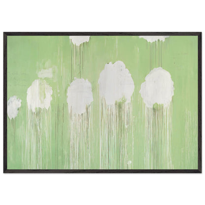 Untitled (Peony Blossom Painting) by Cy Twombly framed art print; featuring delicate white peony blossoms against a soft, luminous green background; size 800 × 1200 mm (32 × 48 in); white frame.