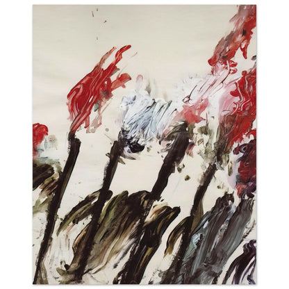 Nicola's Irises by Cy Twombly, poster, 27x35 cm / 11x14″; sweeping red and crimson brushstrokes, delicate pink accents, cool blue details, and dark gestural lines against a pale background