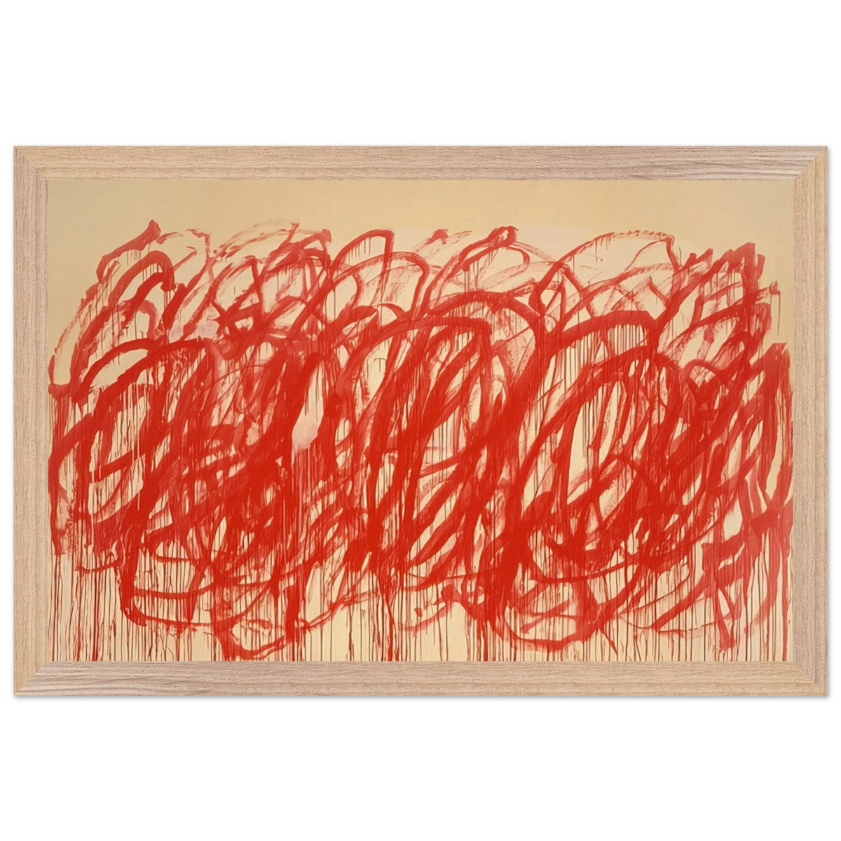 Untitled (Bacchus) by Cy Twombly framed art print; featuring sweeping vermilion-red brushstrokes, overlapping loops, energetic curves; size 28 × 43 cm (11 × 17 in); white frame.