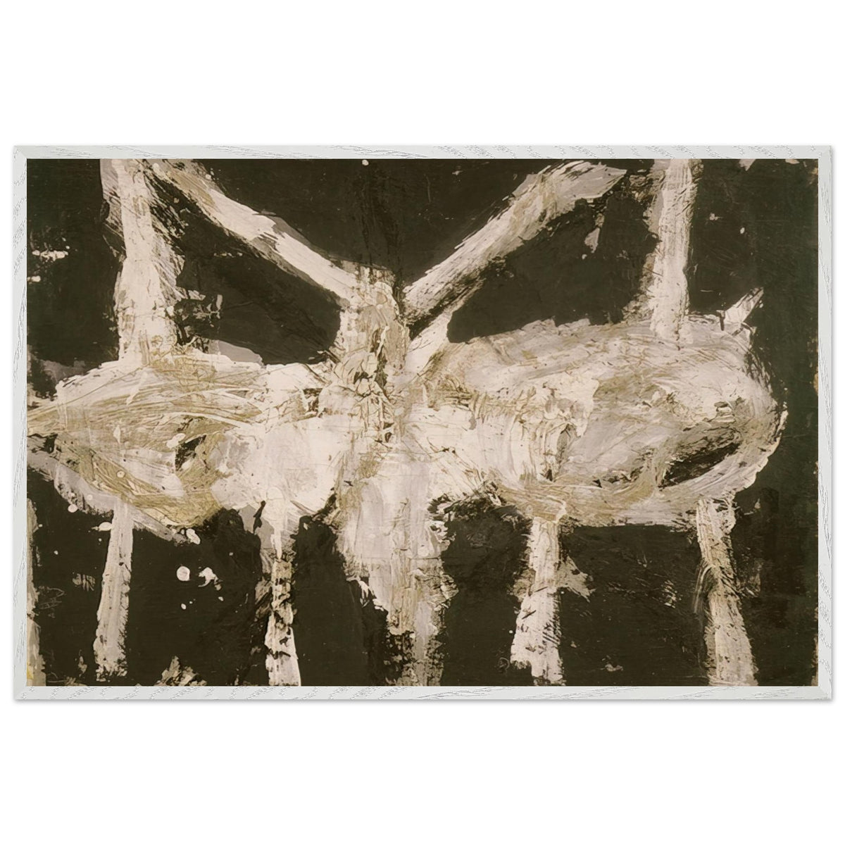 Min-Oe by Cy Twombly framed art print; featuring bold black and deep olive tones contrasted with expressive ivory and cream forms; size 800 × 1200 mm (32 × 48 in); wood frame.
