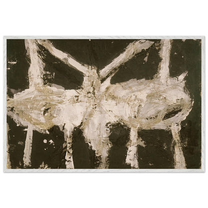 Min-Oe by Cy Twombly framed art print; featuring bold black and deep olive tones contrasted with expressive ivory and cream forms; size 800 × 1200 mm (32 × 48 in); wood frame.