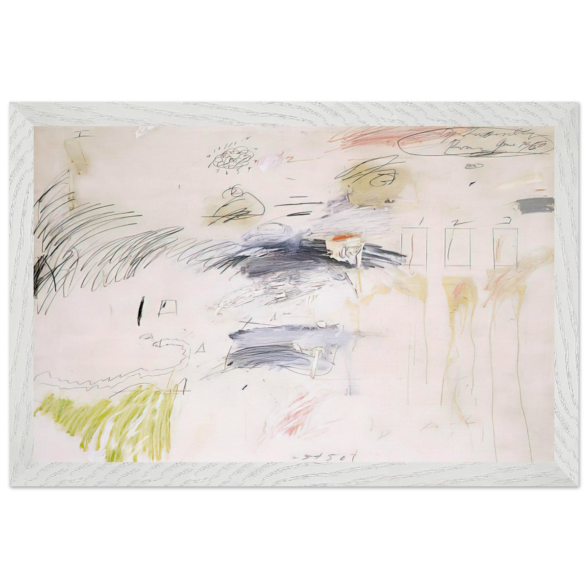 Untitled, Rome by Cy Twombly framed art print; featuring a warm ivory background layered with spontaneous black and charcoal lines, delicate pencil-like gestures; size 800 × 1200 mm (32 × 48 in); black frame.