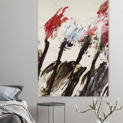 Nicola's Irises by Cy Twombly, poster; sweeping red and crimson brushstrokes, delicate pink accents, cool blue details, and dark gestural lines against a pale background