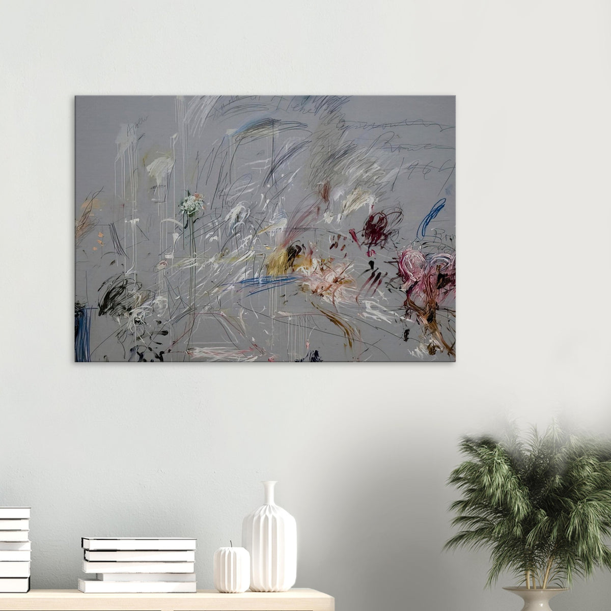 School of Athens by Cy Twombly canvas print: a muted gray background layered with spontaneous scribbles, energetic linear gestures….