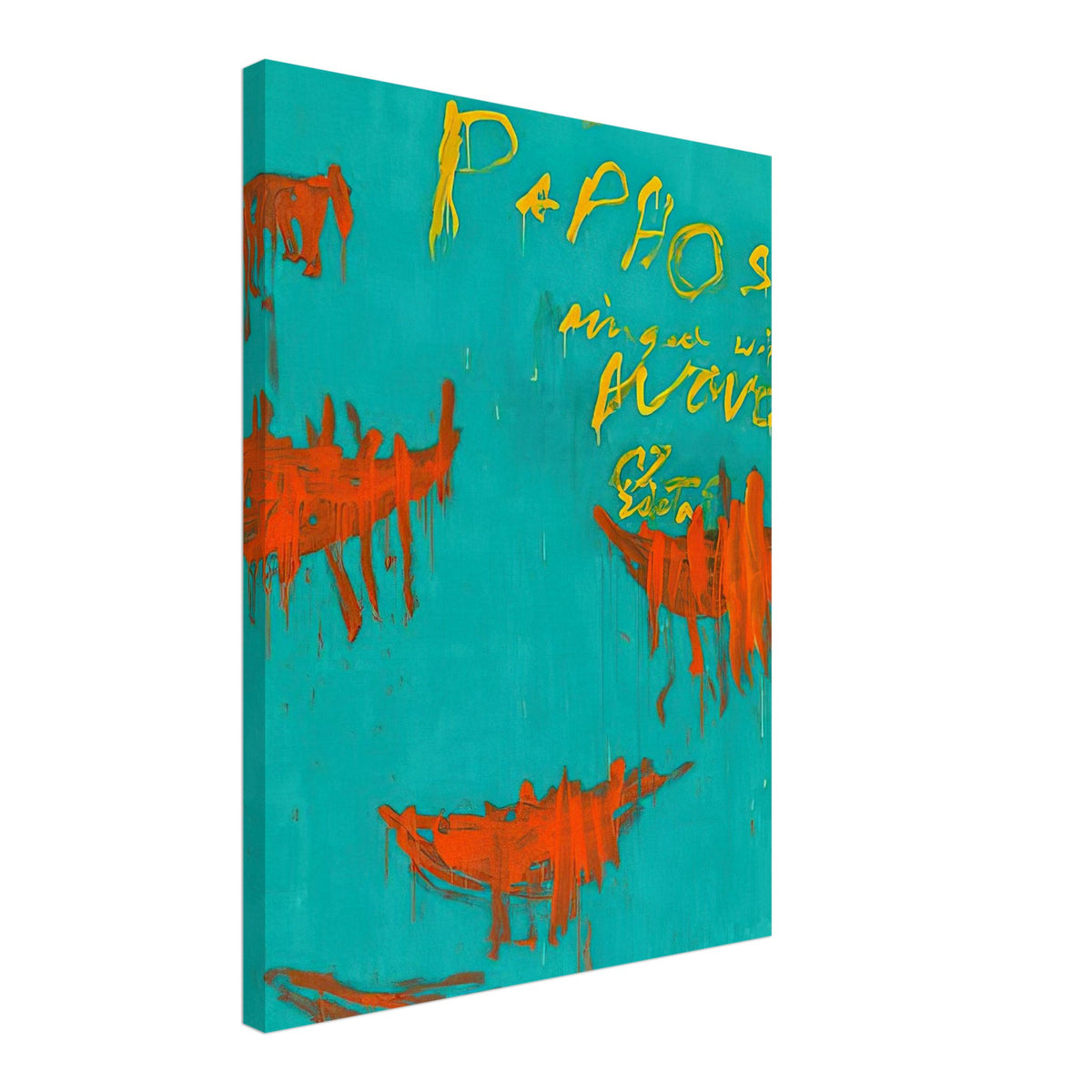 Leaving Paphos Ringed with Waves by Cy Twombly, canvas print, 60x75 cm / 24x30″; a rich turquoise background with energetic orange-red boat-like shapes and spontaneous yellow handwritten