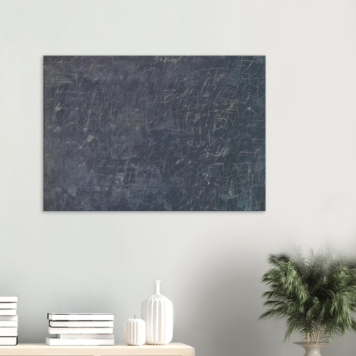 Panorama by Cy Twombly canvas print: a dark charcoal-gray background covered with a dense web of delicate white and pale gray lines.