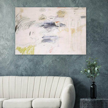 Untitled (Rome, June 1960) by Cy Twombly poster: This expressive composition features a warm off-white background scattered with spontaneous pencil-like….