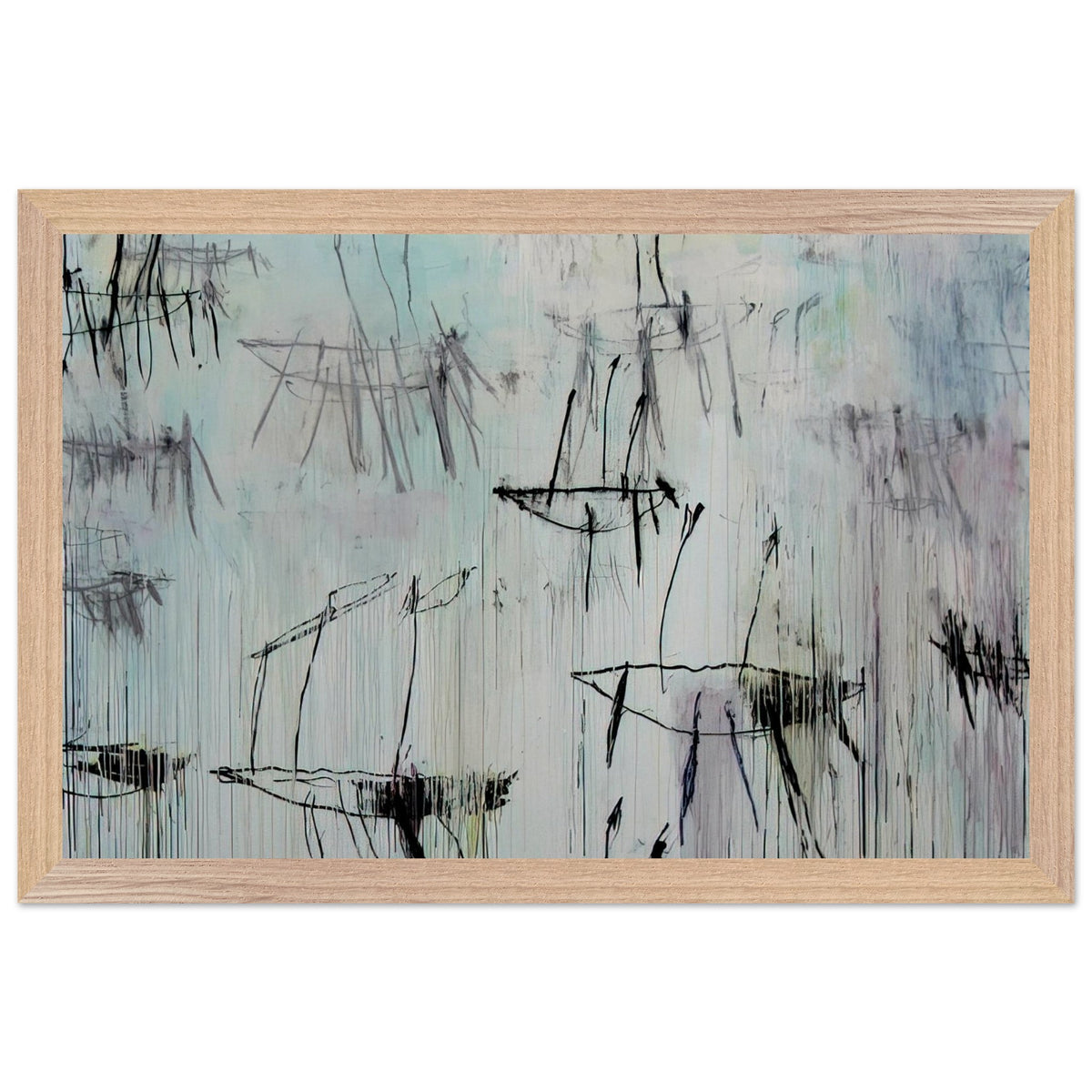 Lepanto, Part V by Cy Twombly framed art print; featuring a pale blue and ivory background, expressive black lines, delicate gray marks, subtle pink undertones; size 28 × 43 cm (11 × 17 in); wood frame.