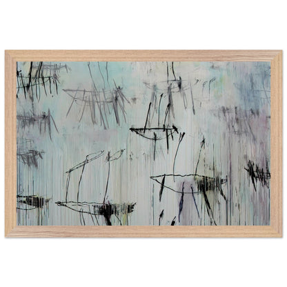 Lepanto, Part V by Cy Twombly framed art print; featuring a pale blue and ivory background, expressive black lines, delicate gray marks, subtle pink undertones; size 28 × 43 cm (11 × 17 in); wood frame.