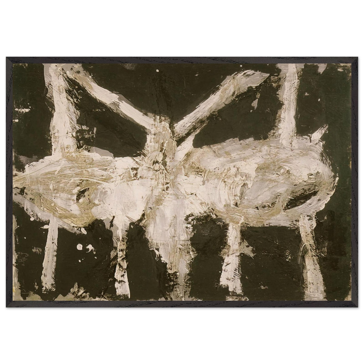 Min-Oe by Cy Twombly framed art print; featuring bold black and deep olive tones contrasted with expressive ivory and cream forms; size 800 × 1200 mm (32 × 48 in); white frame.