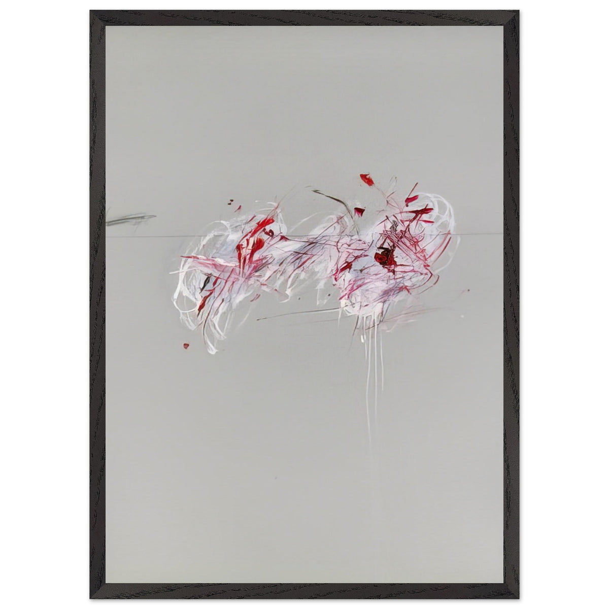 Nine Discourses on Commodus, Part II by Cy Twombly, framed art print, 27x35 cm / 11x14″, Wood frame; a restrained gray background, expressive red and crimson forms