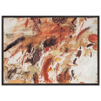 Ferragosto V by Cy Twombly framed art print; featuring energetic brushstrokes, layered pigments, and spontaneous gestures in shades of rust red, burnt orange; size 800 × 1200 mm (32 × 48 in); white frame.
