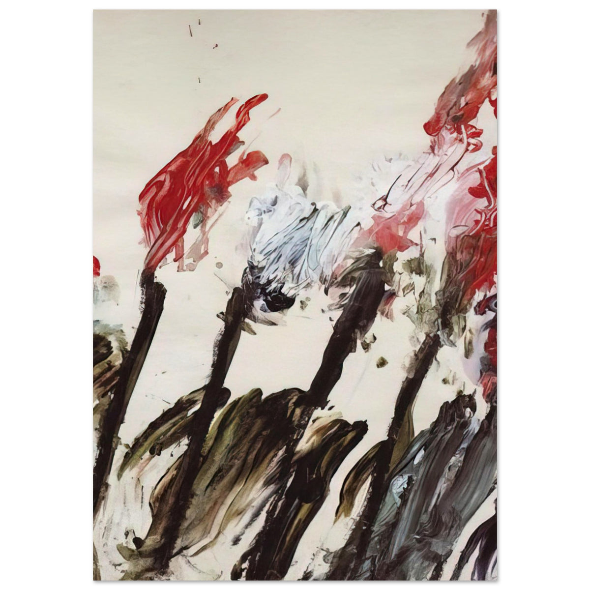 Nicola's Irises by Cy Twombly, poster, 75x100 cm / 30x40″; sweeping red and crimson brushstrokes, delicate pink accents, cool blue details, and dark gestural lines against a pale background